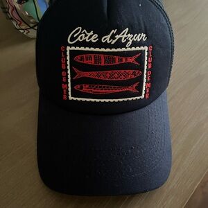 Anthropologie Navy Baseball Cap with Red & Cream Embroidery